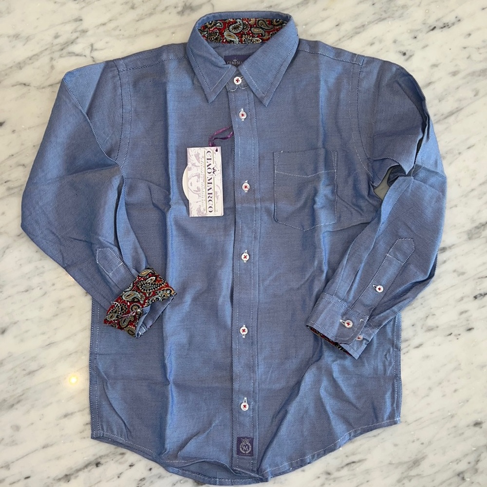 New Ciao Marco Boys Button Down Blue Dress Shirt with Red Paisley Cuff Detail